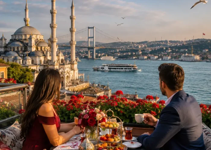 Romantic Istanbul tour with Bosphorus views, historic mosques, elegant waterfront, and bright morning atmosphere.