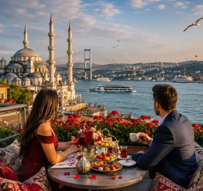 Romantic Istanbul tour with Bosphorus views, historic mosques, elegant waterfront, and bright morning atmosphere.