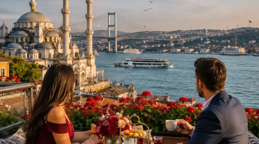 Romantic Istanbul tour with Bosphorus views, historic mosques, elegant waterfront, and bright morning atmosphere.