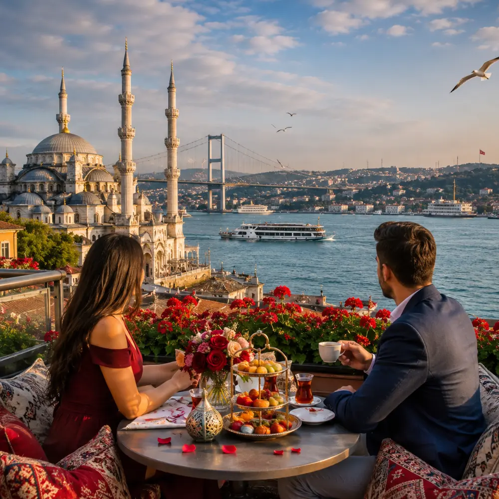 Romantic Istanbul tour with Bosphorus views, historic mosques, elegant waterfront, and bright morning atmosphere.