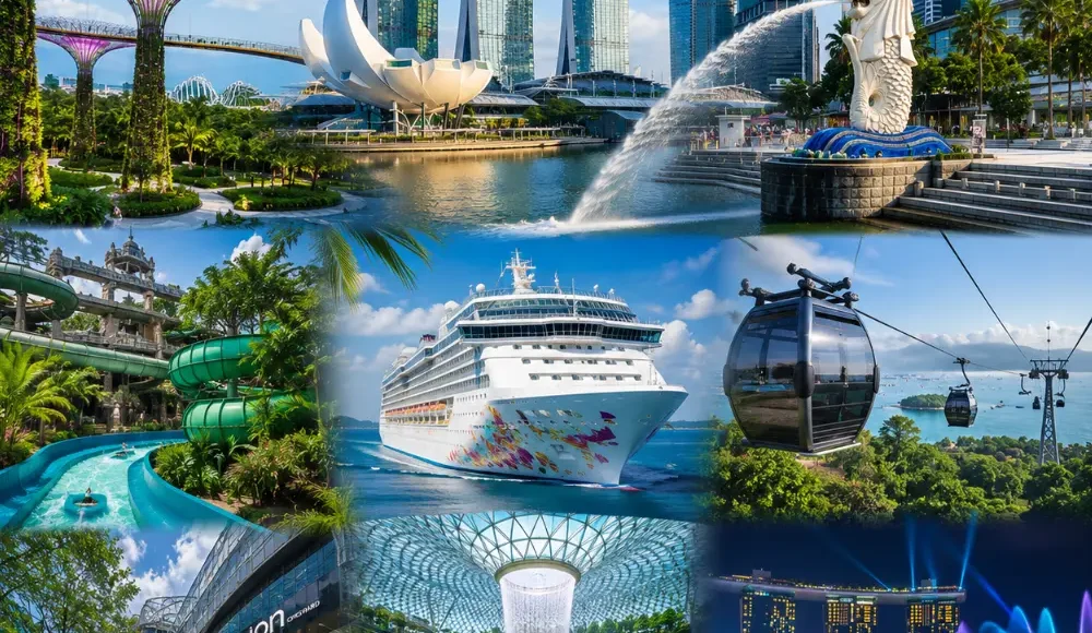Singapore travel package scene with Marina Bay Sands, Gardens by the Bay, Merlion, Sentosa, and clear morning skyline.