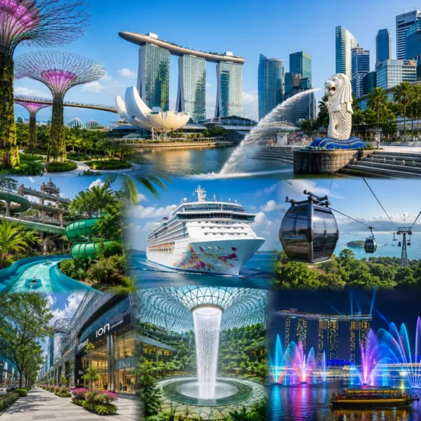 Singapore travel package scene with Marina Bay Sands, Gardens by the Bay, Merlion, Sentosa, and clear morning skyline.