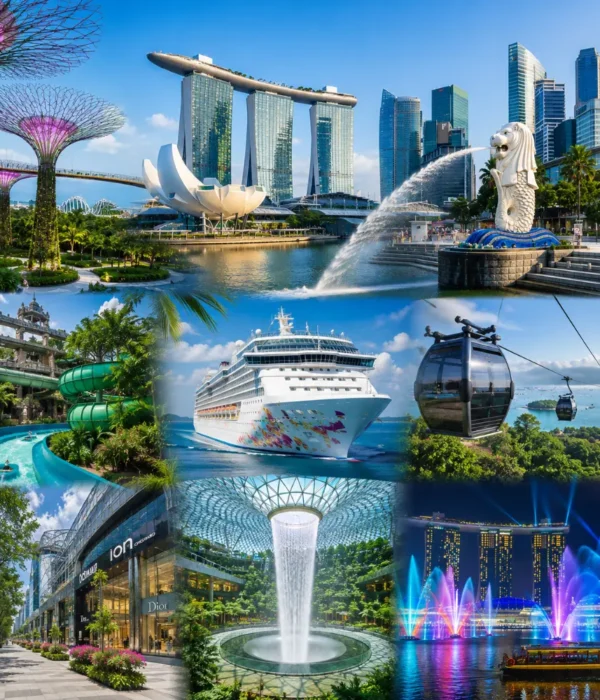 Singapore travel package scene with Marina Bay Sands, Gardens by the Bay, Merlion, Sentosa, and clear morning skyline.