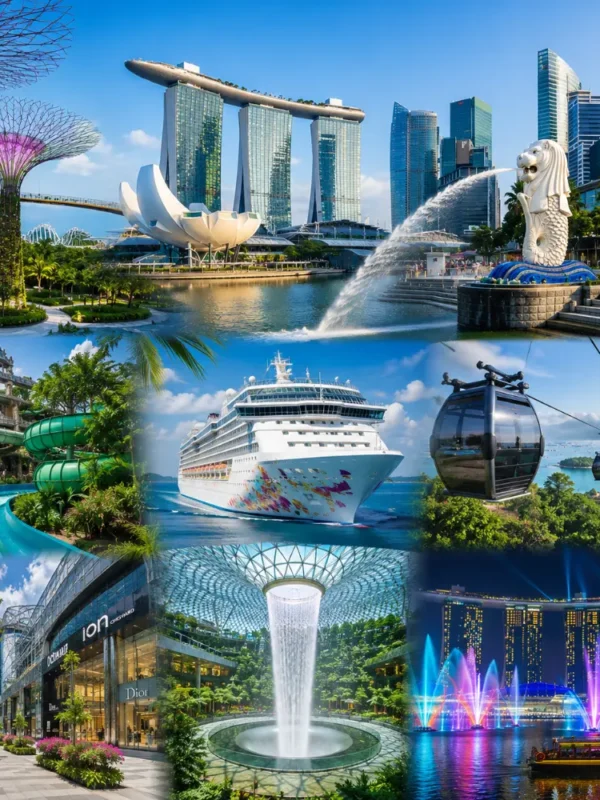 Singapore travel package scene with Marina Bay Sands, Gardens by the Bay, Merlion, Sentosa, and clear morning skyline.
