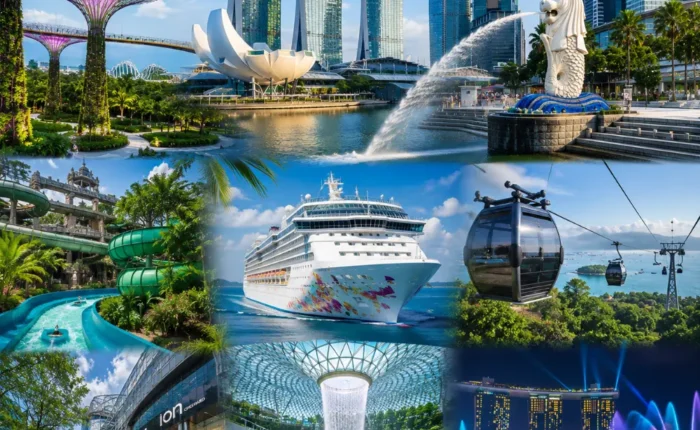 Singapore travel package scene with Marina Bay Sands, Gardens by the Bay, Merlion, Sentosa, and clear morning skyline.