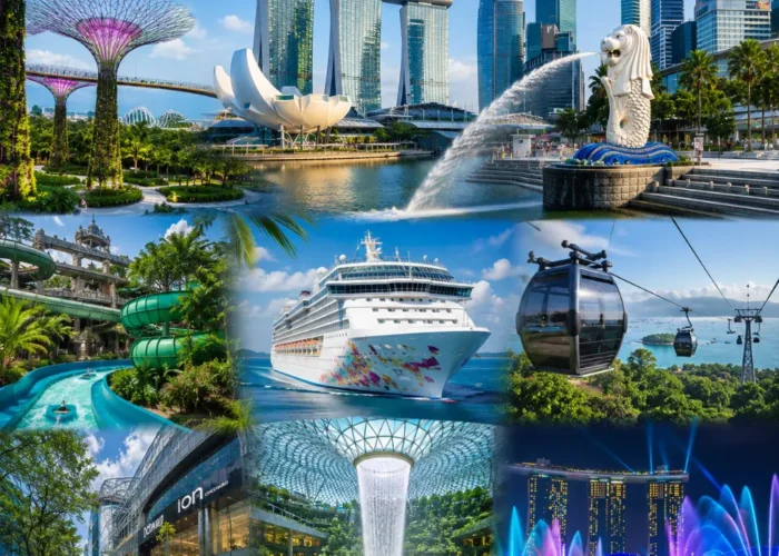Singapore travel package scene with Marina Bay Sands, Gardens by the Bay, Merlion, Sentosa, and clear morning skyline.