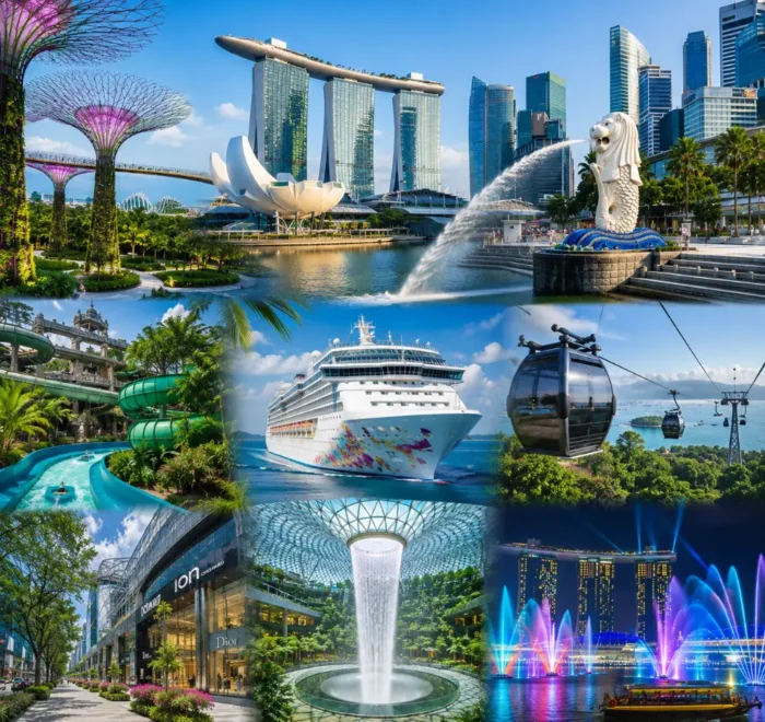 Singapore travel package scene with Marina Bay Sands, Gardens by the Bay, Merlion, Sentosa, and clear morning skyline.