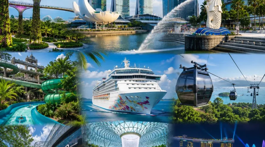 Singapore travel package scene with Marina Bay Sands, Gardens by the Bay, Merlion, Sentosa, and clear morning skyline.