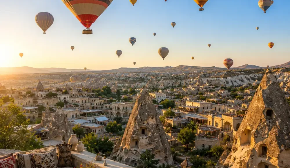 Cappadocia sightseeing view with fairy chimneys, cave houses, rocky valleys, and clear morning travel atmosphere.