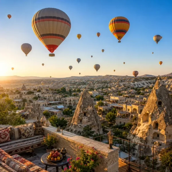 Cappadocia sightseeing view with fairy chimneys, cave houses, rocky valleys, and clear morning travel atmosphere.