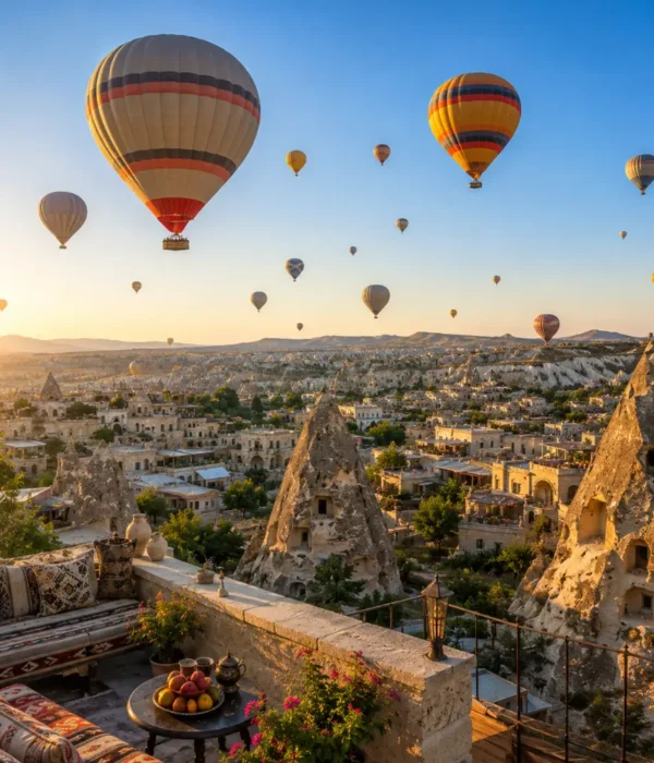 Cappadocia sightseeing view with fairy chimneys, cave houses, rocky valleys, and clear morning travel atmosphere.
