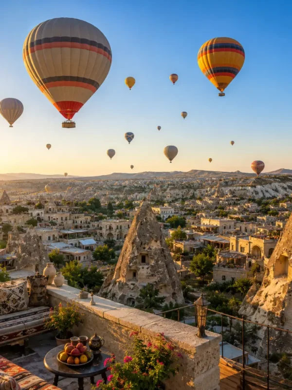 Cappadocia sightseeing view with fairy chimneys, cave houses, rocky valleys, and clear morning travel atmosphere.