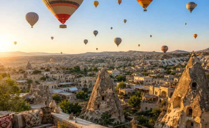 Cappadocia sightseeing view with fairy chimneys, cave houses, rocky valleys, and clear morning travel atmosphere.
