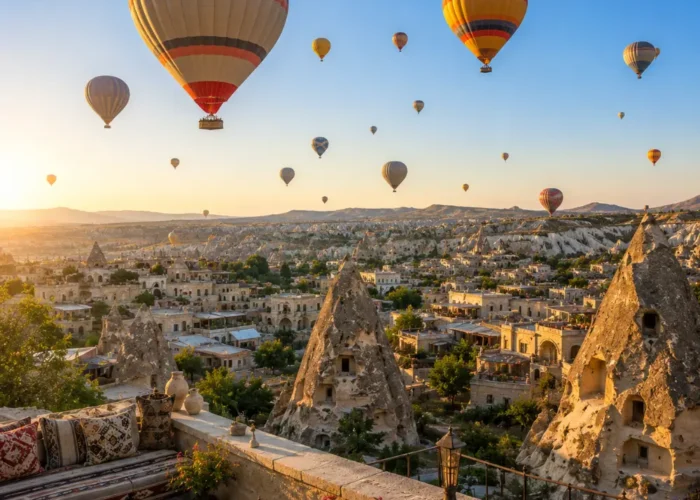 Cappadocia sightseeing view with fairy chimneys, cave houses, rocky valleys, and clear morning travel atmosphere.