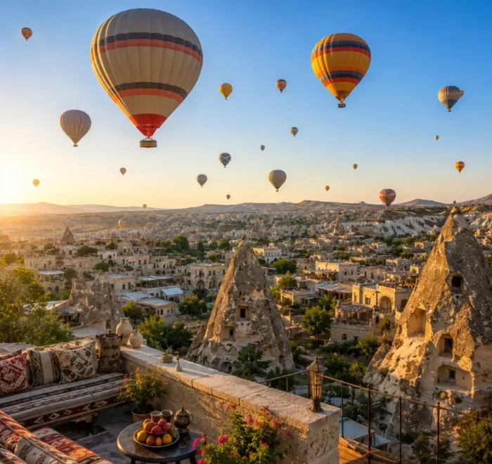 Cappadocia sightseeing view with fairy chimneys, cave houses, rocky valleys, and clear morning travel atmosphere.