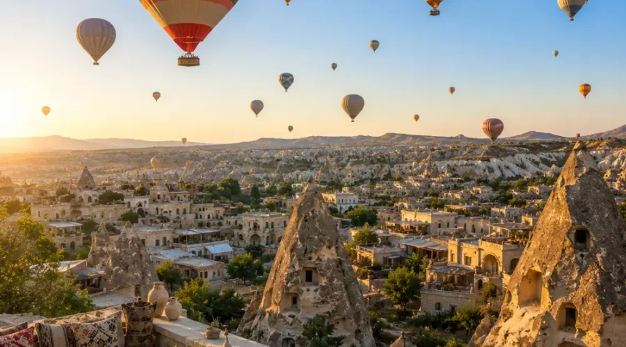 Cappadocia sightseeing view with fairy chimneys, cave houses, rocky valleys, and clear morning travel atmosphere.