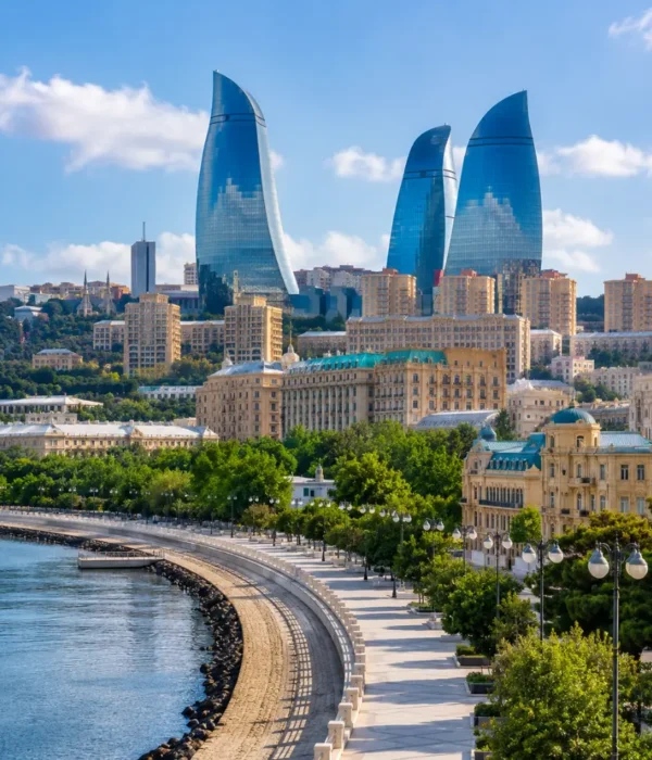 Baku city skyline with Flame Towers, Caspian Sea Boulevard, modern architecture, and bright morning atmosphere.