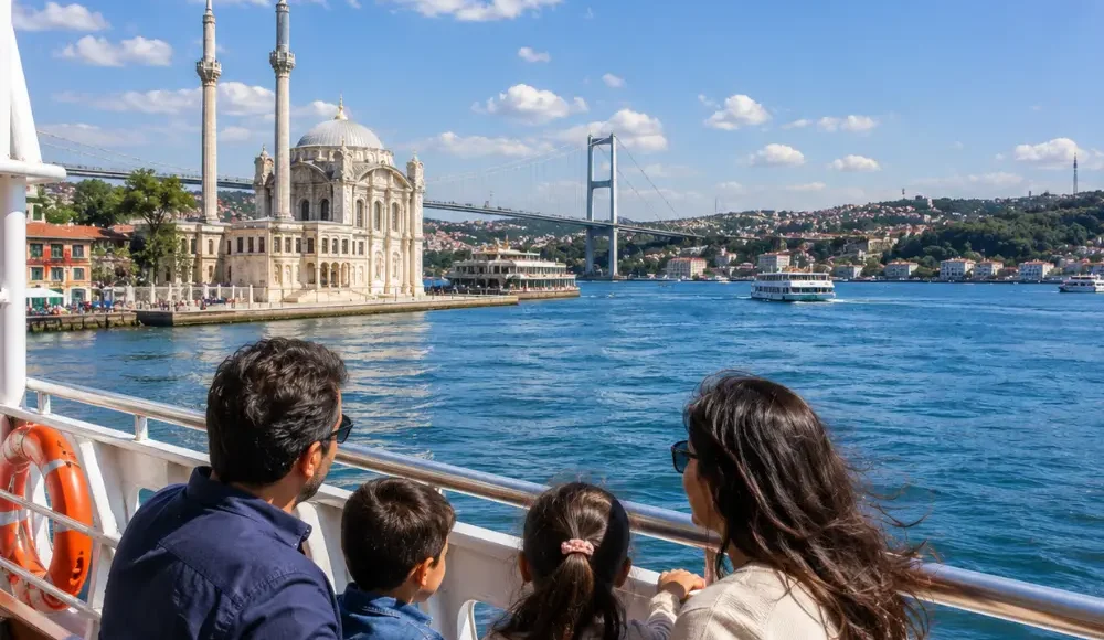 Bosphorus Cruise family tour in Istanbul with clear water, city skyline, historic mosques, and bright morning views.