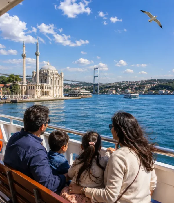 Bosphorus Cruise family tour in Istanbul with clear water, city skyline, historic mosques, and bright morning views.