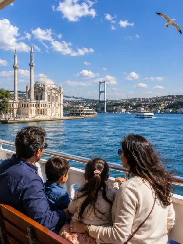 Bosphorus Cruise family tour in Istanbul with clear water, city skyline, historic mosques, and bright morning views.