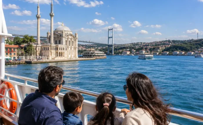 Bosphorus Cruise family tour in Istanbul with clear water, city skyline, historic mosques, and bright morning views.