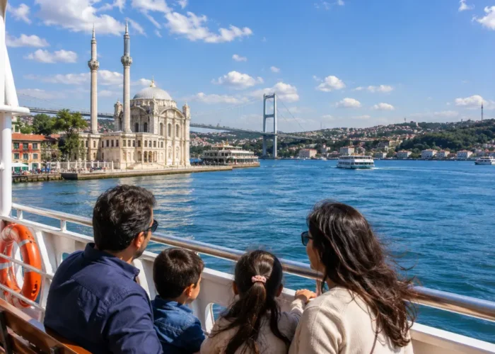 Bosphorus Cruise family tour in Istanbul with clear water, city skyline, historic mosques, and bright morning views.