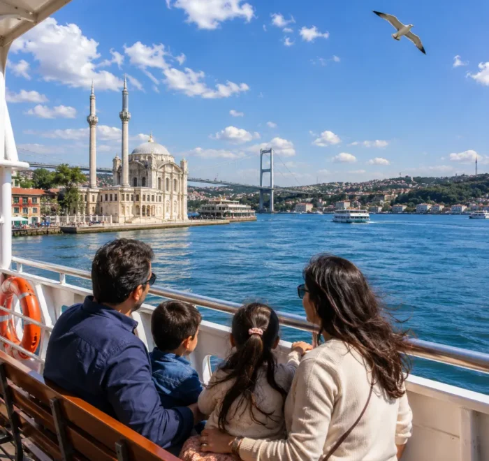 Bosphorus Cruise family tour in Istanbul with clear water, city skyline, historic mosques, and bright morning views.
