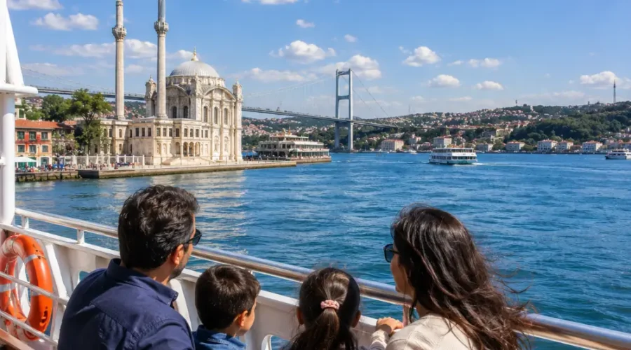 Bosphorus Cruise family tour in Istanbul with clear water, city skyline, historic mosques, and bright morning views.