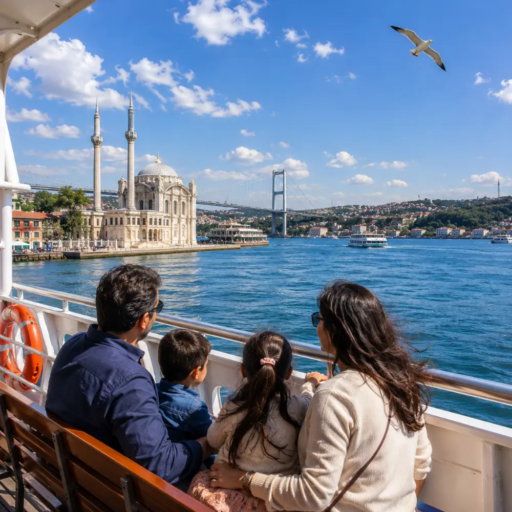 Bosphorus Cruise family tour in Istanbul with clear water, city skyline, historic mosques, and bright morning views.