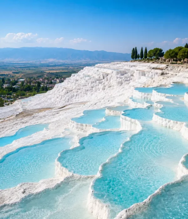 Pamukkale Turkey with white travertine terraces, turquoise thermal pools, ancient ruins, and bright morning atmosphere.