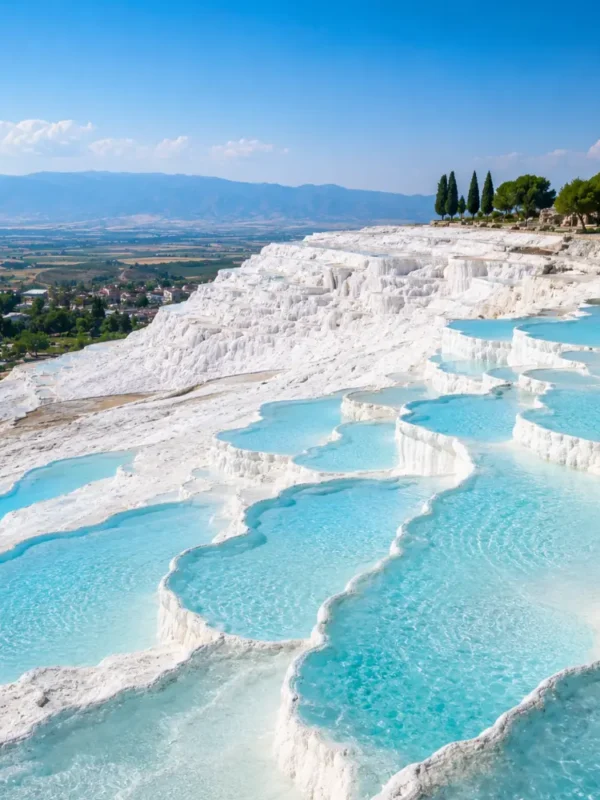 Pamukkale Turkey with white travertine terraces, turquoise thermal pools, ancient ruins, and bright morning atmosphere.