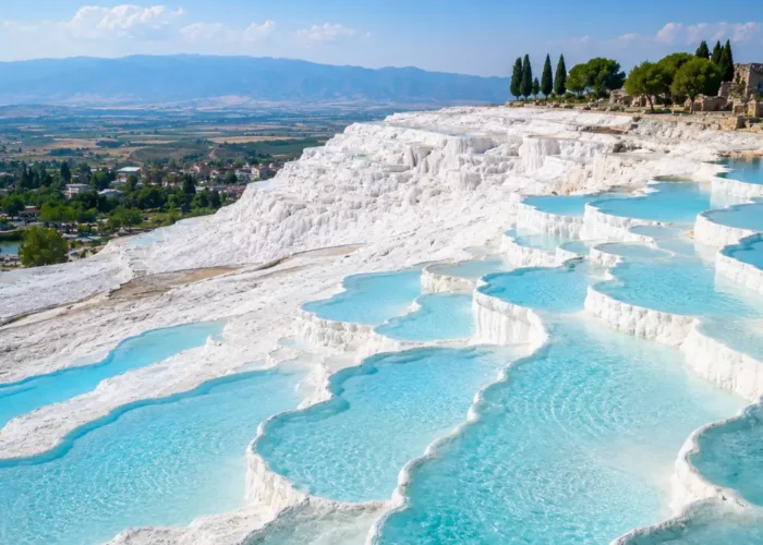 Pamukkale Turkey with white travertine terraces, turquoise thermal pools, ancient ruins, and bright morning atmosphere.