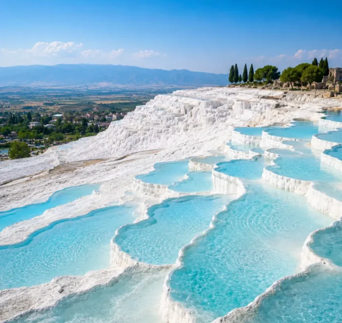 Pamukkale Turkey with white travertine terraces, turquoise thermal pools, ancient ruins, and bright morning atmosphere.