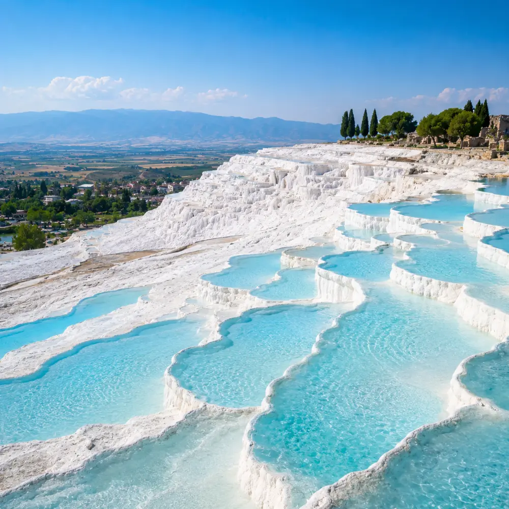 Pamukkale Turkey with white travertine terraces, turquoise thermal pools, ancient ruins, and bright morning atmosphere.