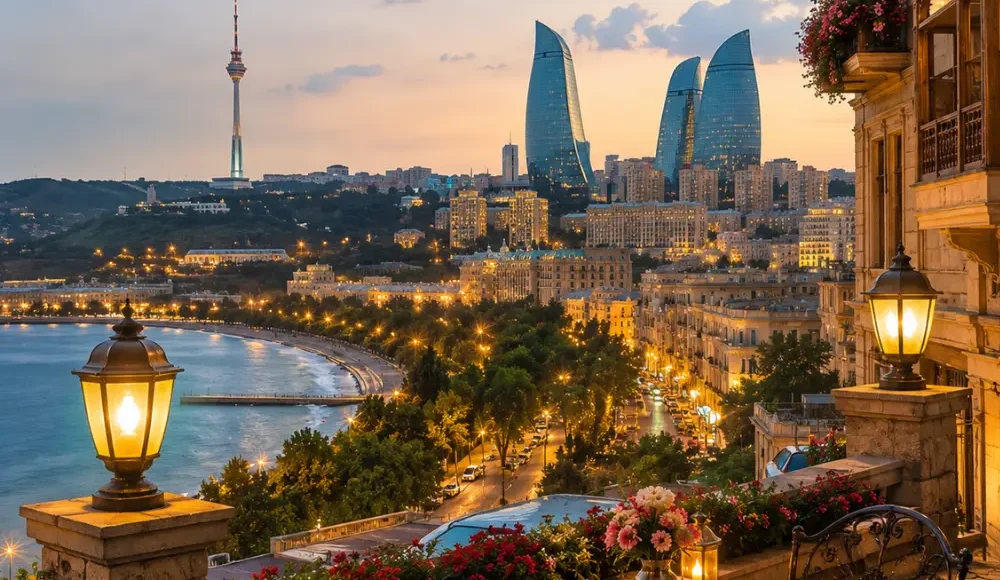 Romantic Baku city view with Flame Towers, Caspian Boulevard, elegant architecture, and bright morning atmosphere.