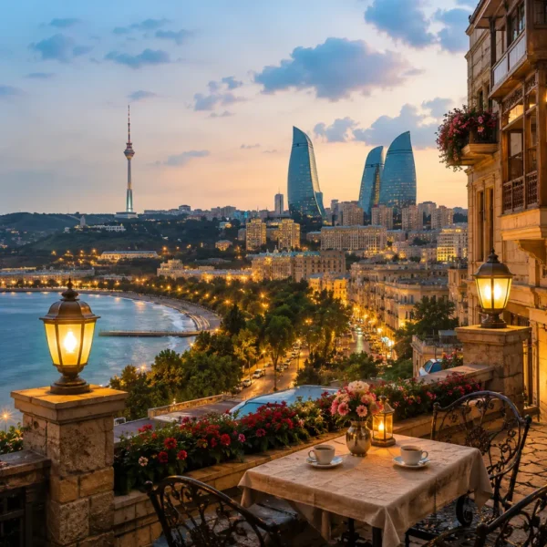 Romantic Baku city view with Flame Towers, Caspian Boulevard, elegant architecture, and bright morning atmosphere.