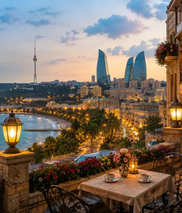 Romantic Baku city view with Flame Towers, Caspian Boulevard, elegant architecture, and bright morning atmosphere.