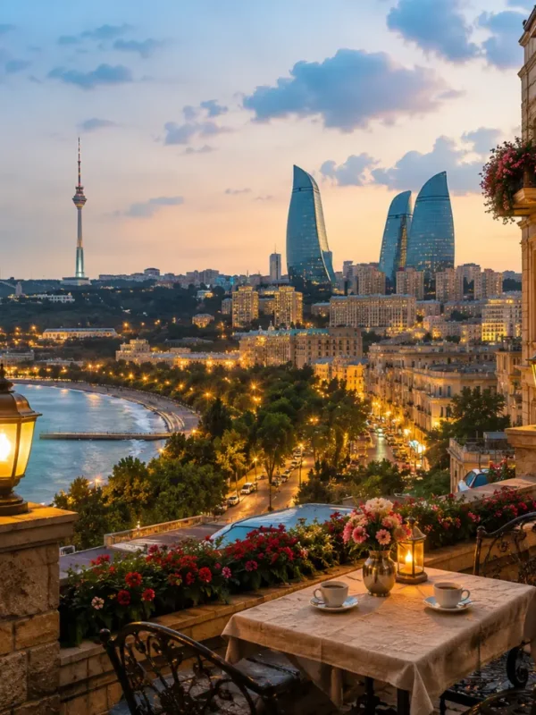 Romantic Baku city view with Flame Towers, Caspian Boulevard, elegant architecture, and bright morning atmosphere.