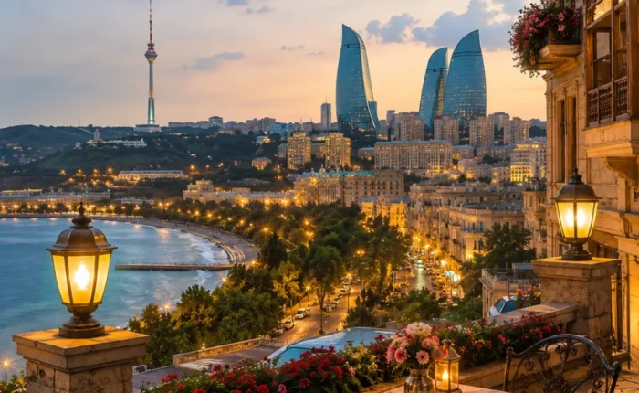 Romantic Baku city view with Flame Towers, Caspian Boulevard, elegant architecture, and bright morning atmosphere.