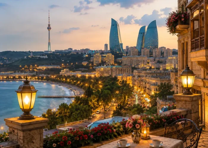 Romantic Baku city view with Flame Towers, Caspian Boulevard, elegant architecture, and bright morning atmosphere.