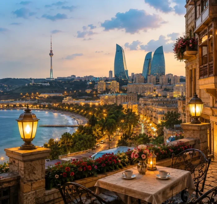 Romantic Baku city view with Flame Towers, Caspian Boulevard, elegant architecture, and bright morning atmosphere.