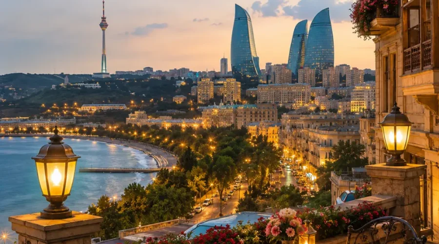 Romantic Baku city view with Flame Towers, Caspian Boulevard, elegant architecture, and bright morning atmosphere.