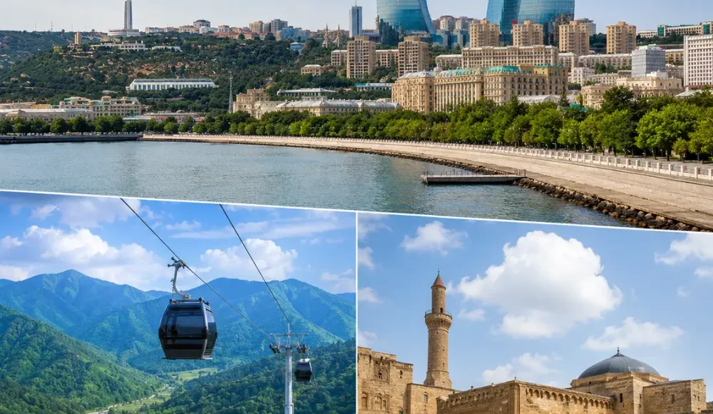 Baku Gabala and Shamakhi tour scene with Flame Towers, Caucasus mountains, historic mosque, and bright morning views.
