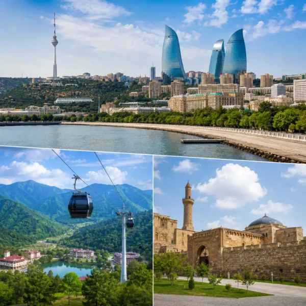 Baku Gabala and Shamakhi tour scene with Flame Towers, Caucasus mountains, historic mosque, and bright morning views.