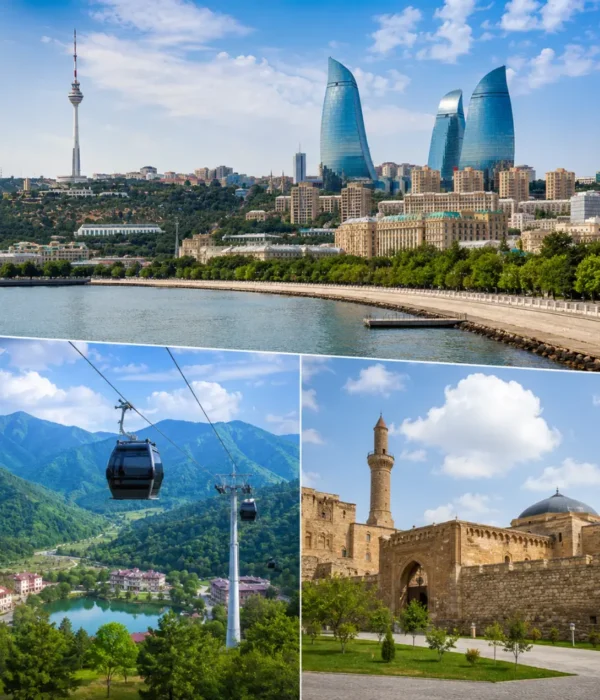 Baku Gabala and Shamakhi tour scene with Flame Towers, Caucasus mountains, historic mosque, and bright morning views.