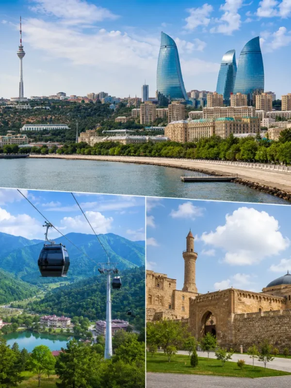 Baku Gabala and Shamakhi tour scene with Flame Towers, Caucasus mountains, historic mosque, and bright morning views.