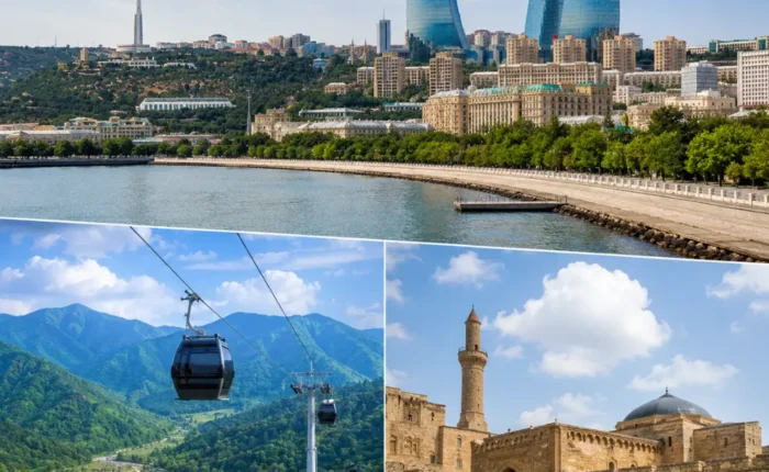 Baku Gabala and Shamakhi tour scene with Flame Towers, Caucasus mountains, historic mosque, and bright morning views.