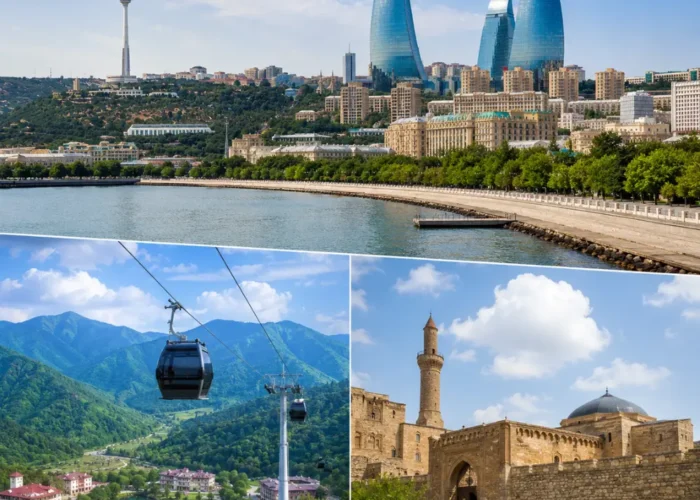 Baku Gabala and Shamakhi tour scene with Flame Towers, Caucasus mountains, historic mosque, and bright morning views.