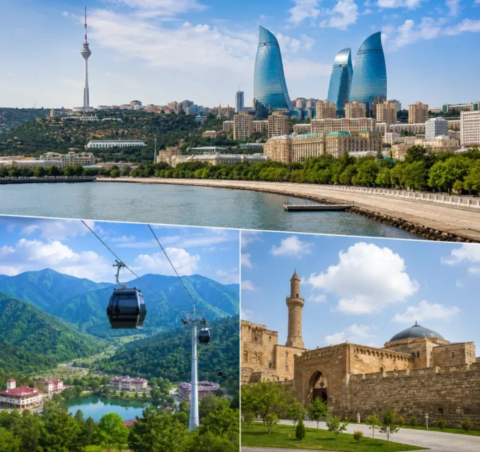 Baku Gabala and Shamakhi tour scene with Flame Towers, Caucasus mountains, historic mosque, and bright morning views.