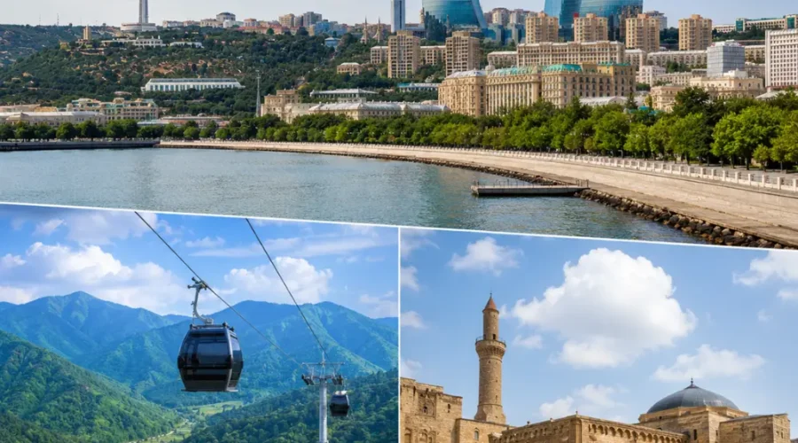 Baku Gabala and Shamakhi tour scene with Flame Towers, Caucasus mountains, historic mosque, and bright morning views.
